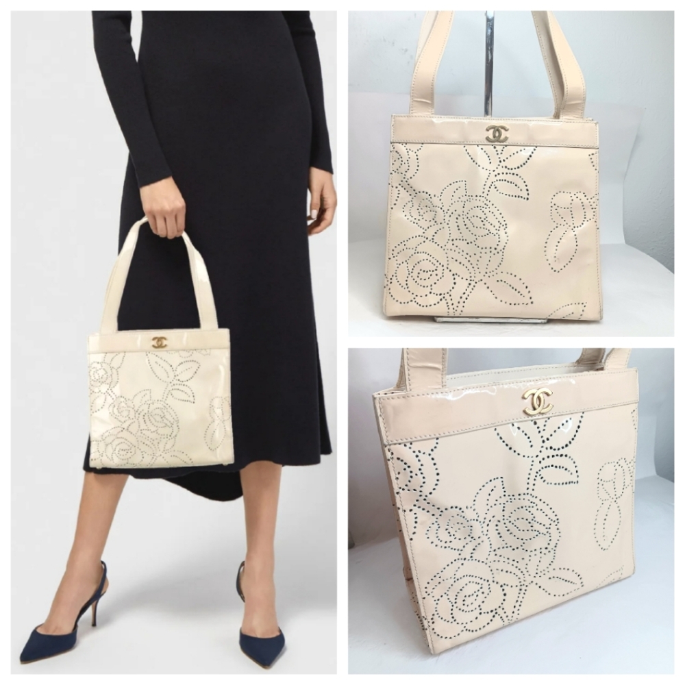 CHANEL CC Ivory Camellia Perforated Patent Leather Tote Bag